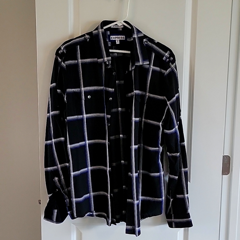 Express Button Down, Black Plaid with White and Blue, XL Slim Fit with 17-17.5in
